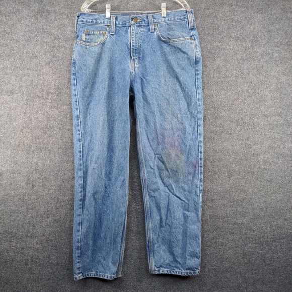 Carhartt Men's Jeans Solid Blue 36x30 Stone Wash Denim 5-Pocket - Picture 2 of 12